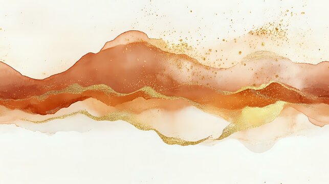 Flowing terracotta and gold watercolor waves create abstract mountain landscape with ethereal misty effect on white background, suitable for wall art and design projects.
