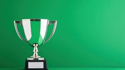 A gleaming silver trophy sits proudly on a black base against a vibrant green background ready for an award ceremony celebration.