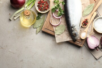 Salted herring and spices on light grey table, flat lay. Space for text