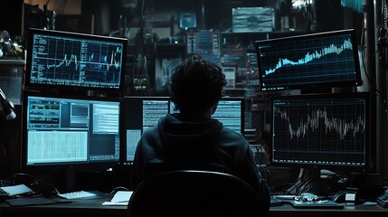 A person monitors multiple screens displaying data and graphs in a tech-focused environment.
