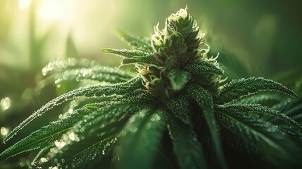 A close-up shot reveals a vibrant cannabis plant glistening with morning dew under the soft sunlight illuminating its lush green leaves and buds.