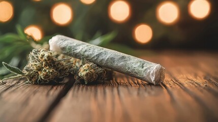 A close-up shot reveals a meticulously rolled cannabis joint resting on a rustic wooden surface next to several buds of marijuana, all illuminated by a warm bokeh background of