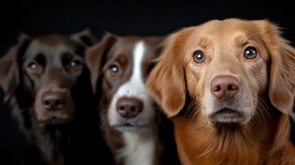 Three dogs looking at camera with attentive expressions against dark background, featuring chocolate labrador, border collie and golden retriever mix breeds showing loyalty and companionship.