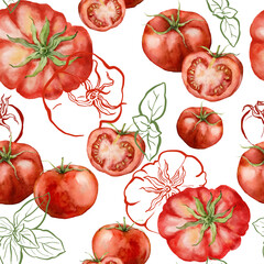 Watercolor vegetable seamless pattern of cherry and tomatoes. Hand-drawn garden harvest. Tasty food illustration for restaurant and cafe interior, veggie market drawing print, fabric, background.
