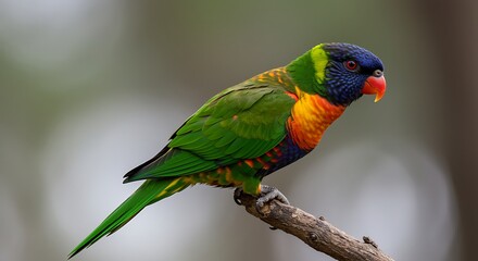 Naklejka premium A colorful parrot is perched on a small brown branch