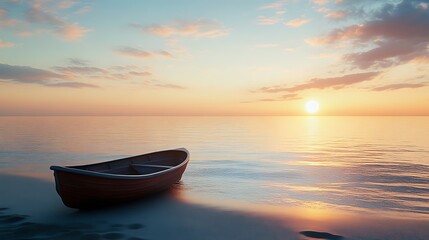 A serene sunset over calm waters with a small boat on the shore.