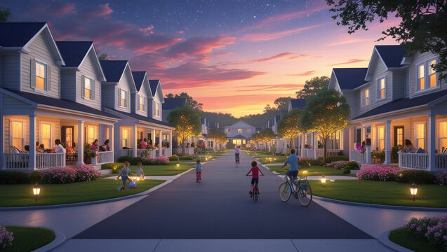 A charming community gathers at sunset, families enjoying their idyllic neighborhood, warm lights illuminating cozy homes, under a vibrant twilight sky.