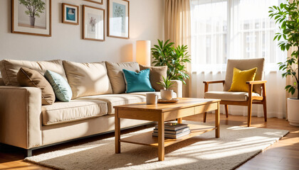 Cozy living room interior with modern sofa and warm light, home comfort