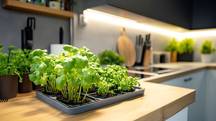 A modern kitchen with fresh herbs growing on a countertop.