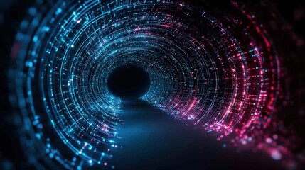 Obraz premium A mesmerizing digital tunnel of glowing pink and blue particles creates a futuristic and abstract background ideal for technology websites and presentations showcasing innovation