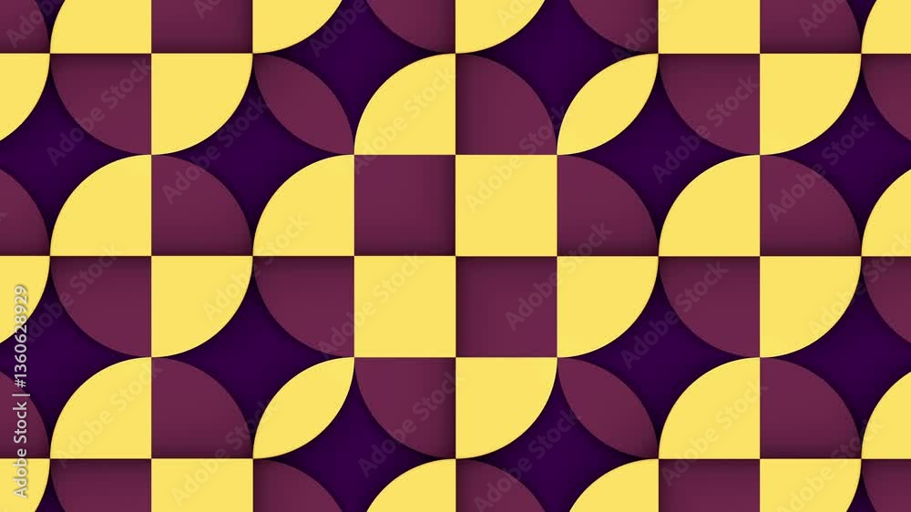 Aufkleber Abstract pattern of yellow and purple semicircles arranged in a staggered pattern. The rhythmic transformation of the objects creates an optical illusion. Digital seamless loop animation. 3d rendering