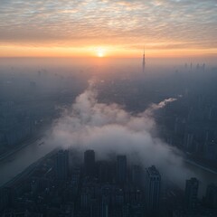 Obraz premium Sunrise over foggy city skyline, aerial view (2)