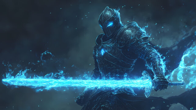 A mystical knight in armor, glowing with electric blue energy, wields a sword, embodying power and valor in a dark fantasy realm. Phantom Blade. Illustration