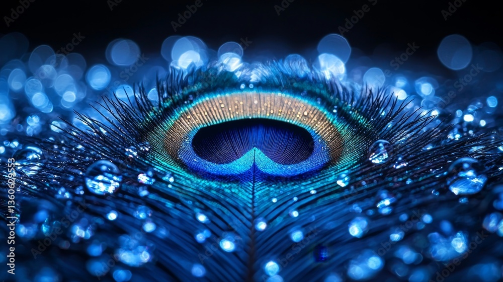 Canvas Prints a close up of a peacock feather with water droplets on it