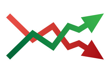Graph going Up and Down sign with green and red arrows vector. Flat design vector illustration concept of sales bar chart symbol icon with arrow moving down and sales bar chart with arrow moving up.