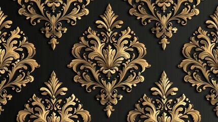Gold damask pattern, ornate design, dark background, elegant wallpaper, interior design