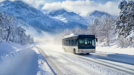 A bus moves carefully along a snowy mountain road, with plumes of snow rising around it. The serene winter landscape features towering mountains and frosted trees.