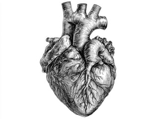 Detailed anatomical drawing of a human heart, showcasing its intricate structure and vessels.