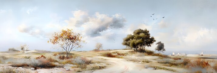 Serenity on a windswept coastal landscape with gentle clouds and scattered trees near the sea at twilight