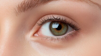 A close-up shot reveals a stunning hazel eye with long dark lashes and subtle makeup a beautiful detail perfect for cosmetics or ophthalmology advertising or medical publications.