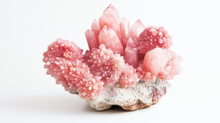 A cluster of pink quartz crystals on solid white background 