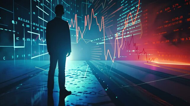 Einzelperson vor Finanzdiagrammen in leuchtender Umgebung