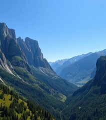Obraz premium Sharp peaks, lush green valleys, rugged rock faces, clear blue sky, outdoor, vista