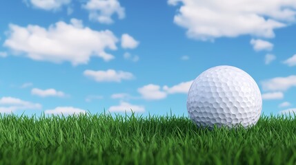A pristine white golf ball rests on a lush green grass field against a vibrant blue sky dotted with fluffy white clouds perfect for sports and leisure themed designs.