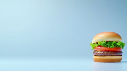 A delicious juicy cheeseburger with fresh lettuce and tomato sits on a light blue background perfect for food blogs menus or restaurant advertisements.