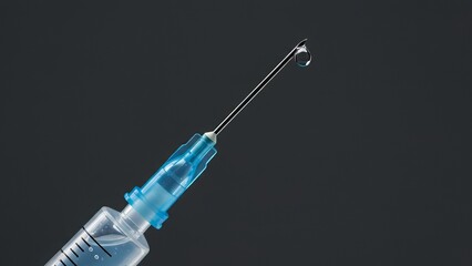 Isolated Hyaluronic Acid Syringe with Transparent Body and Liquid Droplet on Needle Tip – Aesthetic Medicine and Cosmetology Concept