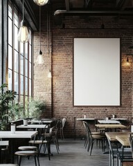 Empty poster on brick wall in industrial cafe.