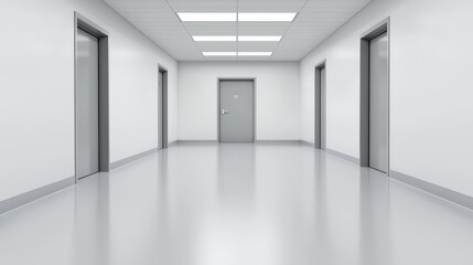 A long sterile hallway with multiple closed doors and a shiny reflective floor in a modern medical facility or office building.