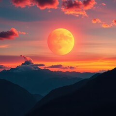Sunset hues paint a majestic mountain range as a luminous orb hovers serenely above, clouds drifting dreamily, heavenly, mystical