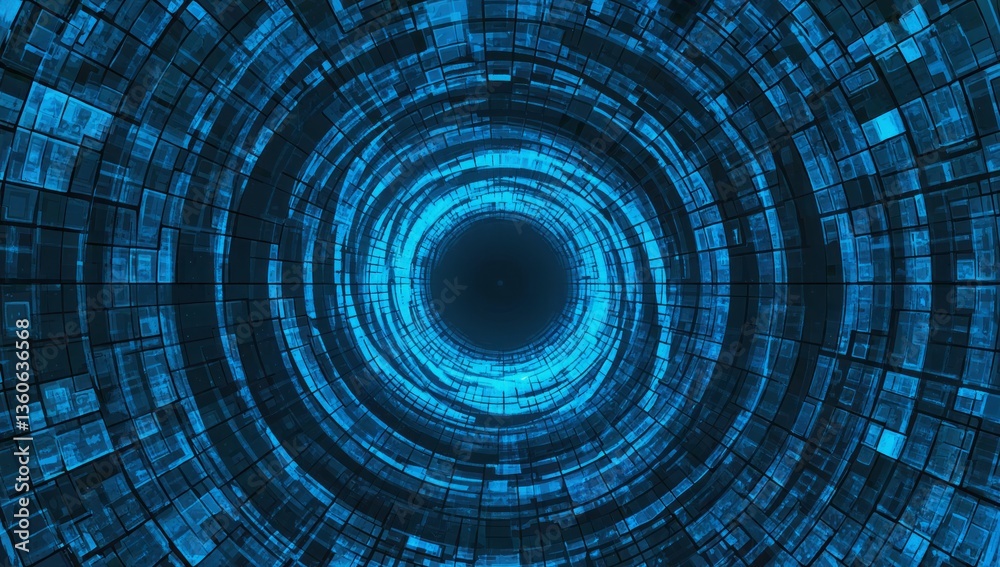 Poster abstract background featuring a blue tunnel of interlocking squares creating depth and movement in a