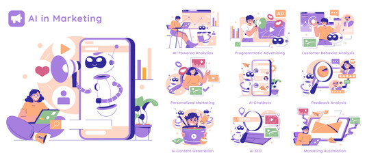 Fototapeta premium AI In Marketing. Flat Vector Illustration