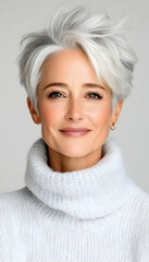 Portrait of smiling woman, short gray hair, turtleneck