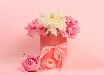 Delicate flowers of peonies and roses in a pink gift box. Abstract flower arrangement, concept of gifts for a holiday, birthday, wedding and mother's day. Spring still life and banner for the screen.