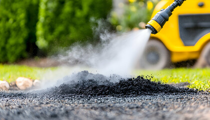 Pressure washing dark gravel in garden