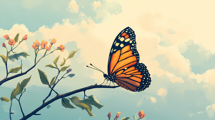 A butterfly emerging from its cocoon on a branch, symbolizing transformation and new beginnings. Cocoon Transformation. Illustration
