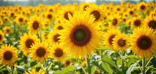 Vibrant yellow sunflower field background, sunlit blooms, background, green