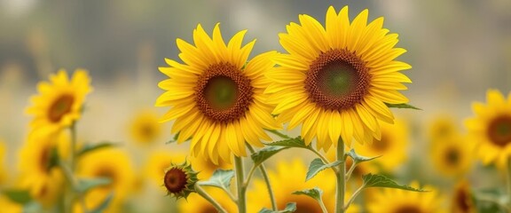 Obraz premium Vibrant yellow wild sunflowers in full bloom, blurred background, picture, wild