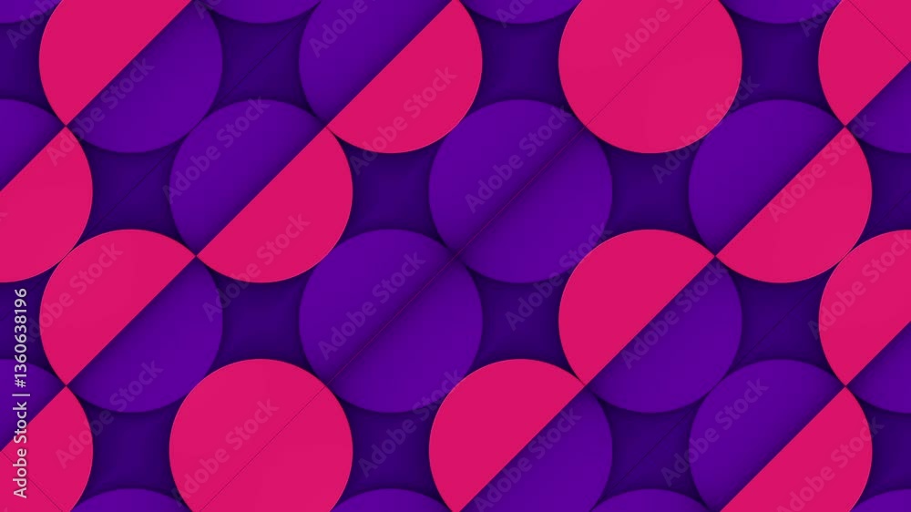 Poster An abstract op art style composition of intersecting circles and semicircles in bright pink and purple colors. Minimalist and modern style. Digital seamless loop animation. 3d rendering 4K