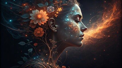 Surreal Portrait with Cosmic, Floral, and Human Elements