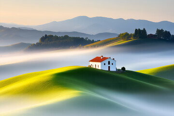 Peaceful countryside house shrouded in morning fog, banner wallpaper  