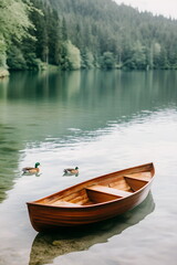 Fototapeta premium Serene wooden boat floating near ducks on a calm river 