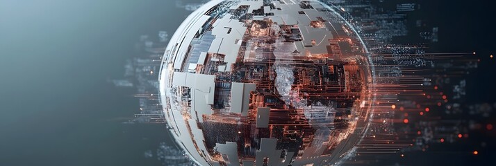 Dynamic representation of a futuristic digital globe with glowing connections and abstract data patterns spinning in space