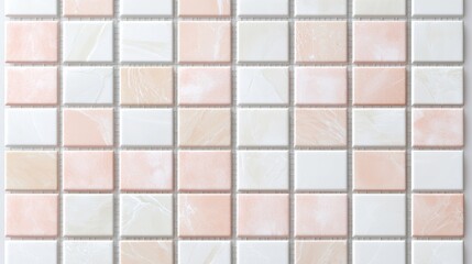 A seamless high-resolution image showcases a detailed texture of small square tiles in soft pink and white hues perfect for design projects and backgrounds.