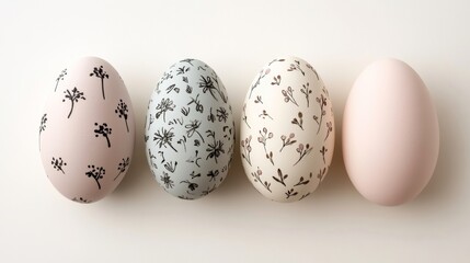 Decorative handmade eggs with floral designs arranged in a row on a light surface during spring season