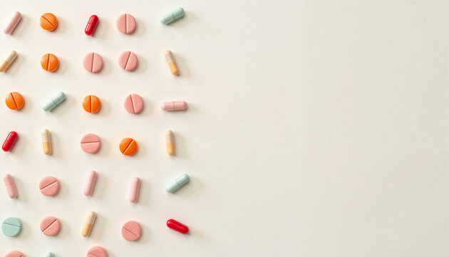 Antidepressant pills in organized grid against light background, mental health