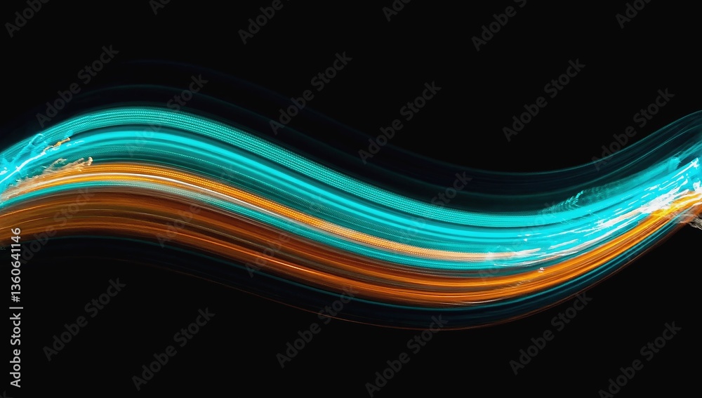 Poster dynamic abstract light trails sweeping across a dark background creating vivid waves of color and mo